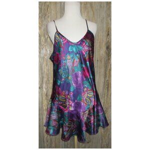 Vintage 80s California Miss Paisley Print Lingerie Dress Sz M Teal Purple Satin